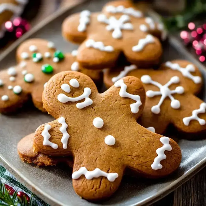 Gingerbread cookies decorated with icing and sprinkles on a plate.