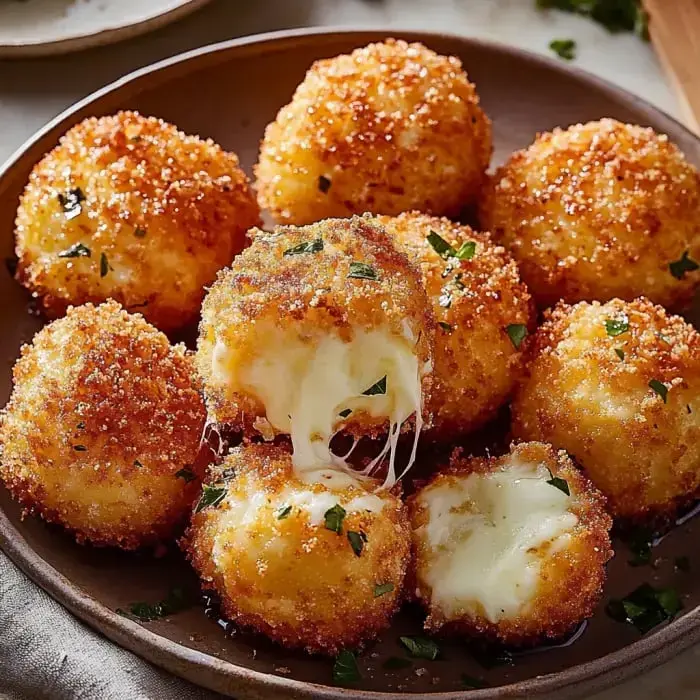 Crispy golden cheese bites on a plate, oozing with melted cheese and sprinkled with herbs.