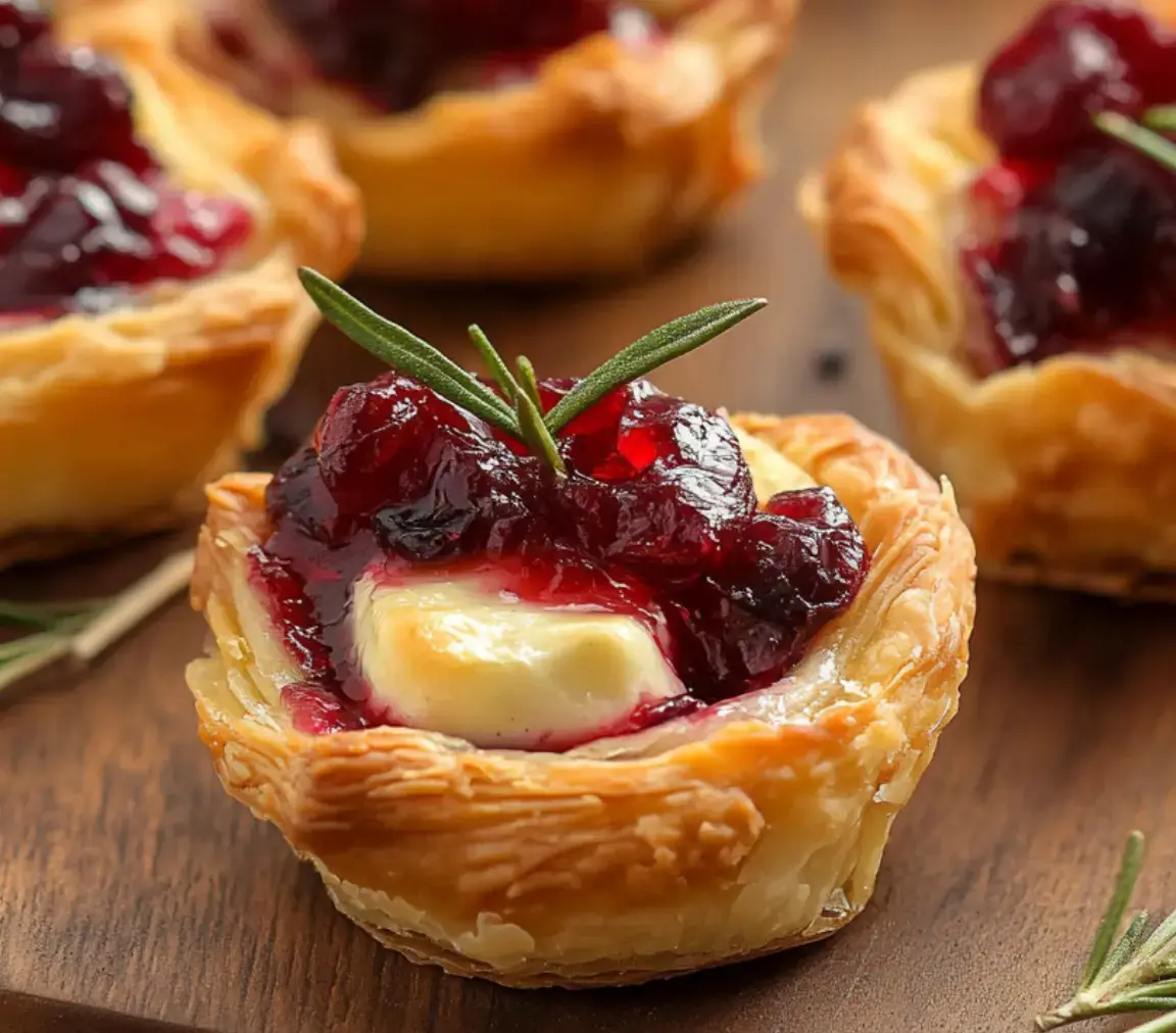 Close-up of a flaky pastry cup filled with soft cheese and topped with red fruit sauce, finished with a sprig of fresh rosemary.
