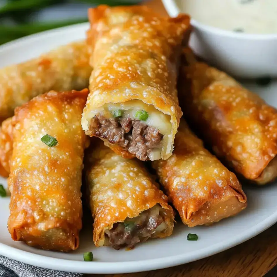Crunchy rolls packed with beef, green onions, and a small dipping sauce bowl served on a plate.