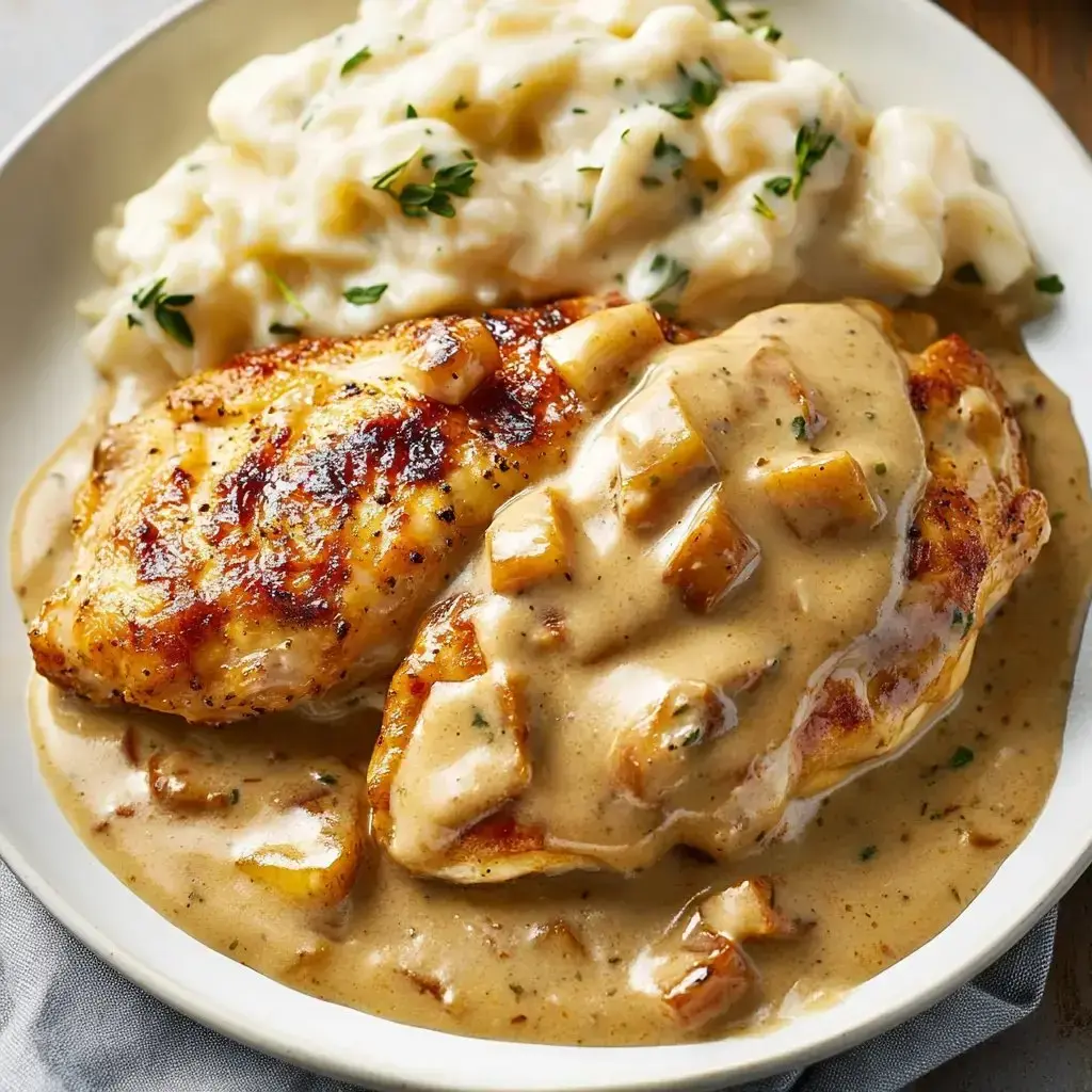 Golden chicken breast topped with creamy onion gravy and served with mashed potatoes.