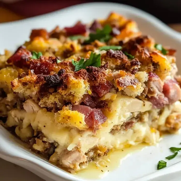 Layers of turkey, mashed potatoes, and a crunchy top garnished with parsley in a single serving dish.