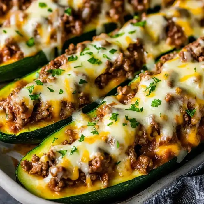 Cheesy zucchini boats packed with seasoned meat and herbs, baked to perfection.