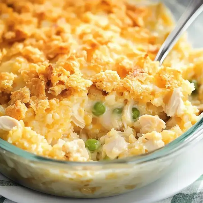Closeup of cheesy rice with chicken, topped with crispy golden crackers and a few peas mixed in.