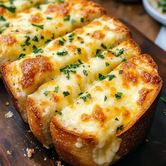 Golden, melty garlic bread with cheese and a dash of parsley on a wooden board.