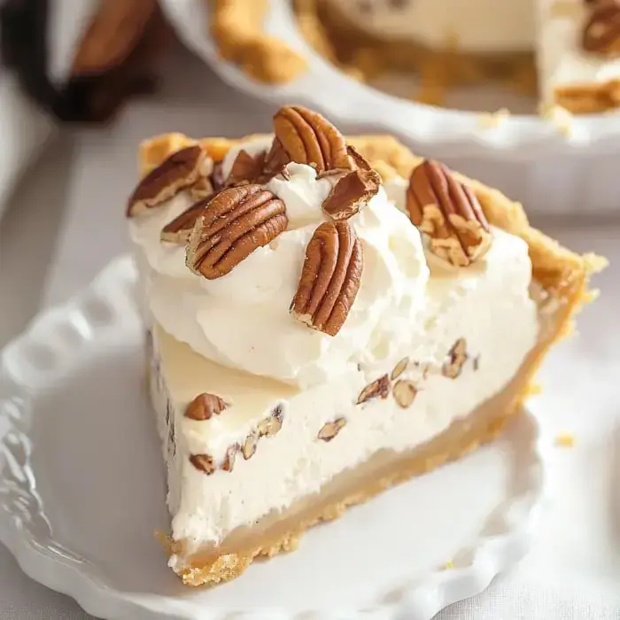 A decorative plate holding a pecan pie slice with whipped cream and pecans on top.