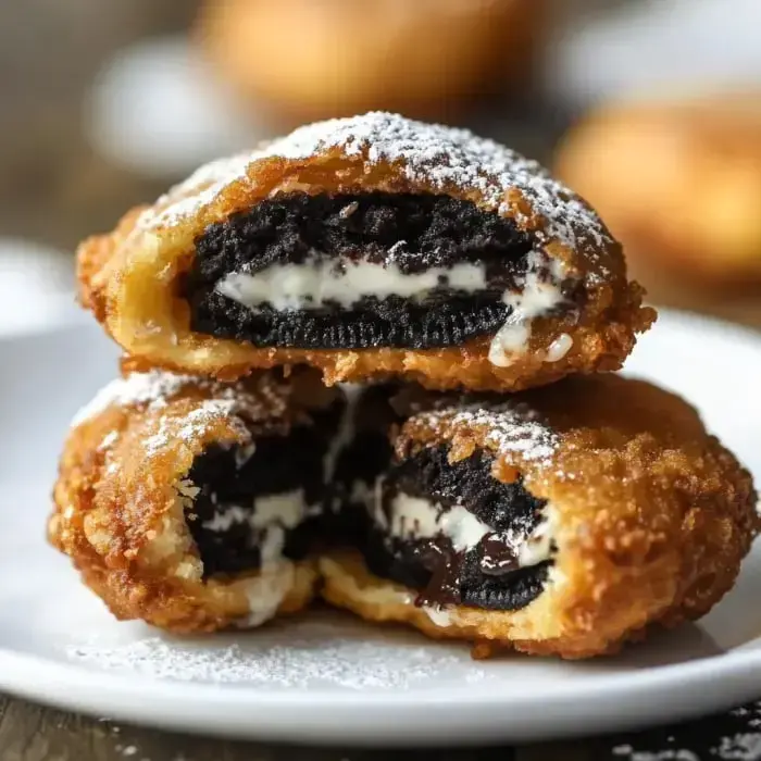 Halved, golden fried Oreos on a plate, sprinkled with powdered sugar, revealing the soft center.