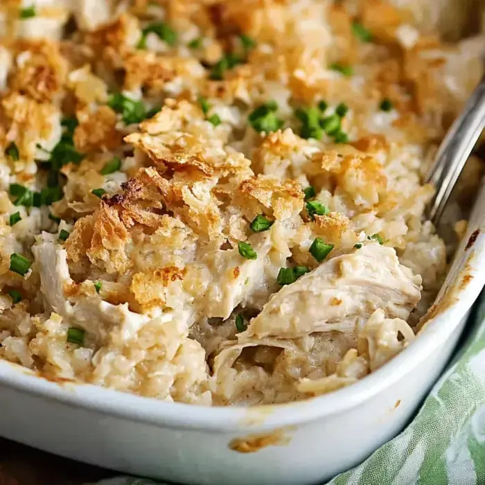 Creamy chicken bake topped with golden bread crumbs and sprinkled with green onions.