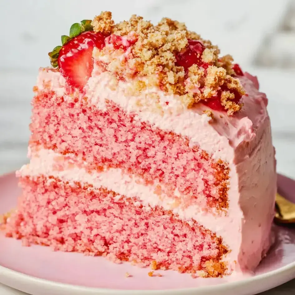 A bright pink cake slice layered with cream, dotted with cookie crumbles, and fresh strawberries on top, served on a dish.