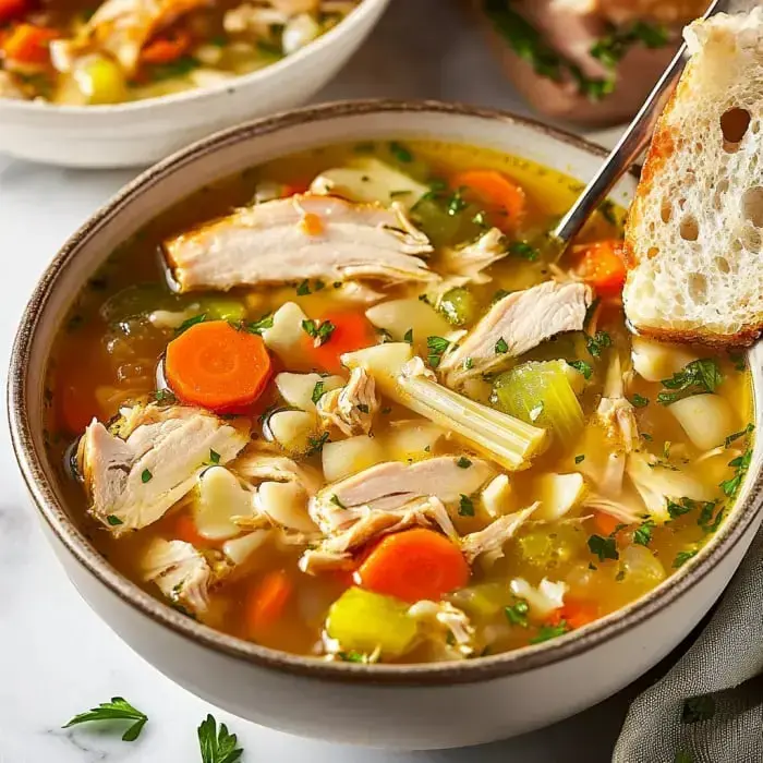 A bowl of turkey soup packed with turkey pieces, celery, carrots, and couscous, topped with parsley, served next to fresh bread.