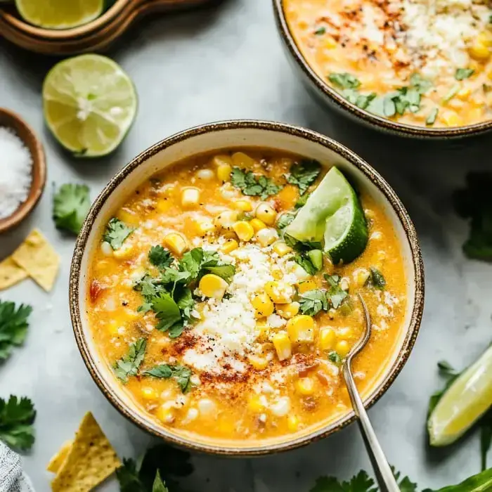 A dish of creamy corn soup topped with lime slices, cheese, and fresh cilantro next to chips and salt.