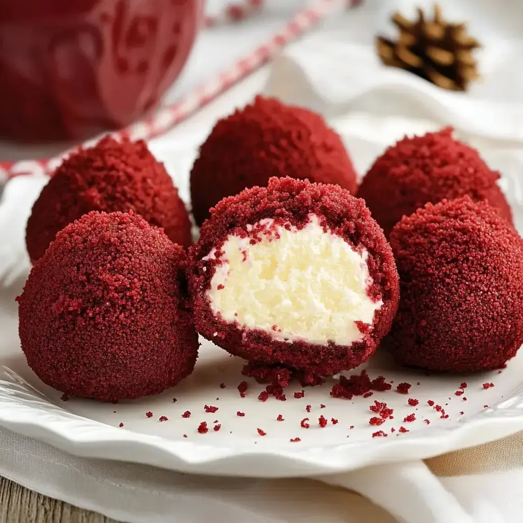 A dish holding red velvet balls; one is halved to reveal its creamy filling.