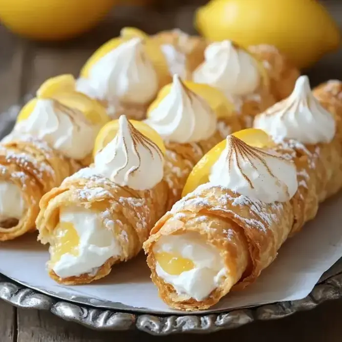 A plate of crispy lemon-filled pastries topped with meringue and lemon slices.