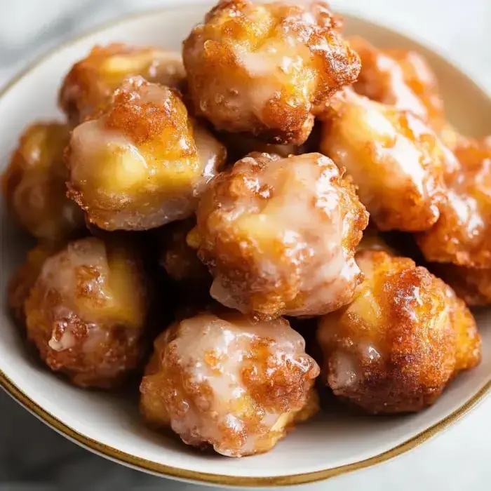 A bowl filled with golden, bite-sized fritters coated in a shiny sugary glaze.