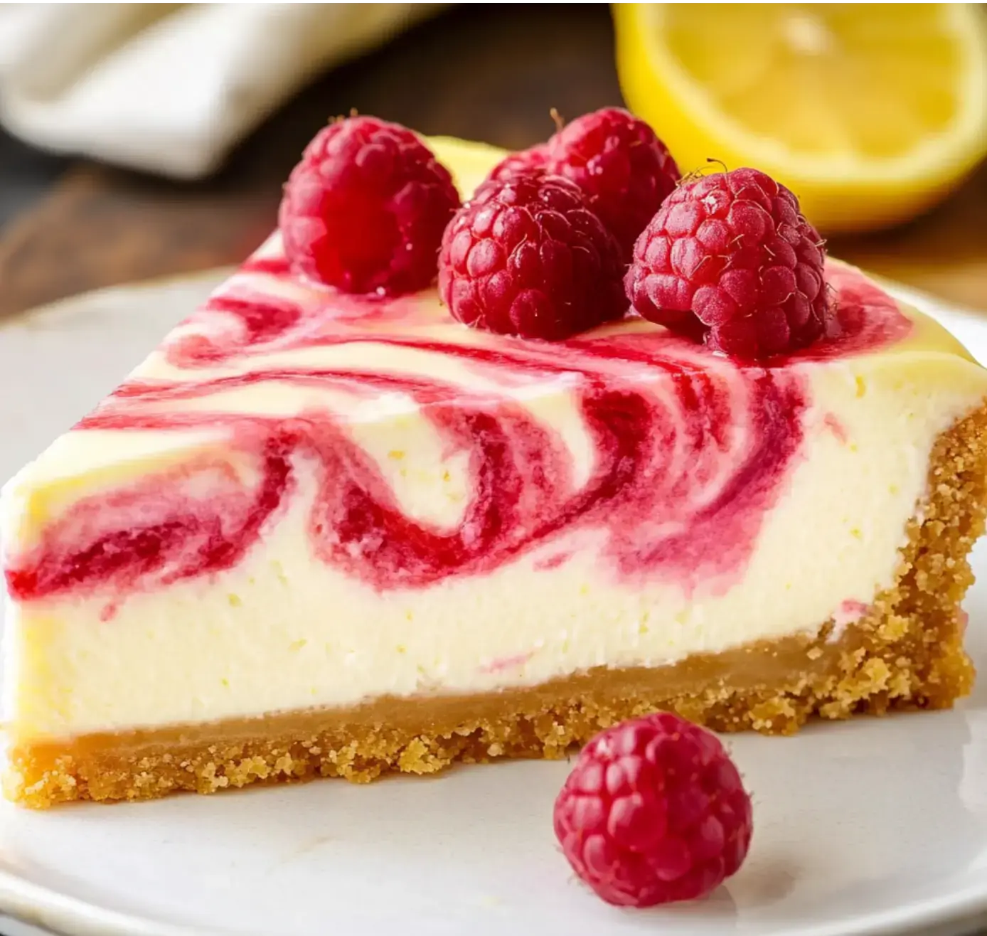 A slice of lemon swirl cake with fresh raspberries, served on a plate with a lemon nearby.