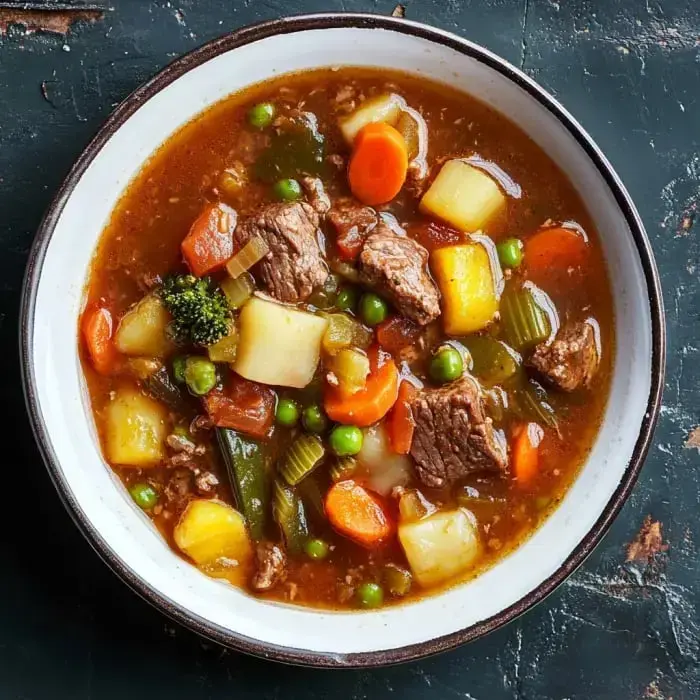 A delicious bowl filled with beef chunks, veggies like carrots, potatoes, peas, and broccoli all in a savory broth.