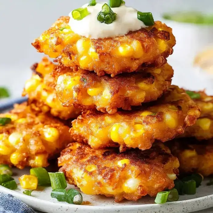 A pile of crispy, golden corn fritters topped with a dollop of sour cream and sprinkled with chopped green onions.