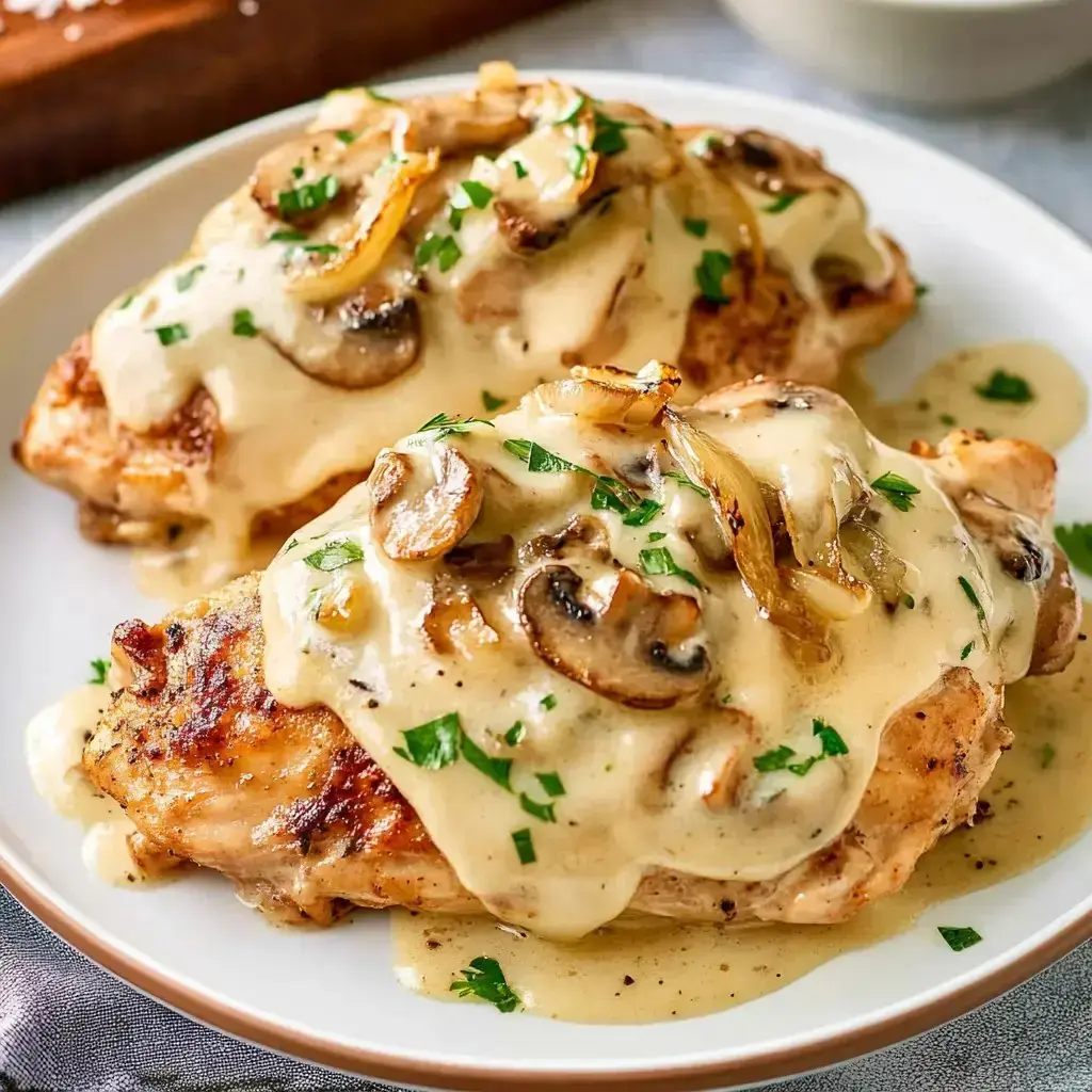 Grilled chicken breasts topped with sautéed mushrooms and onions, garnished with parsley.