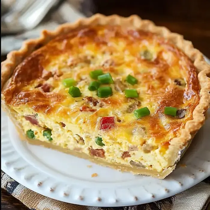 A golden, sliced breakfast bake with ham and cheese, topped with green onions.