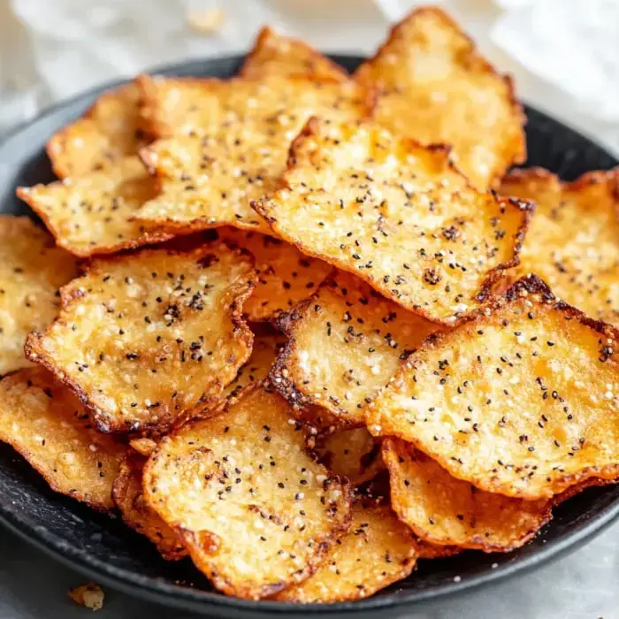 A close-up of crispy, golden-brown cheese chips on a black dish, sprinkled lightly with spices.