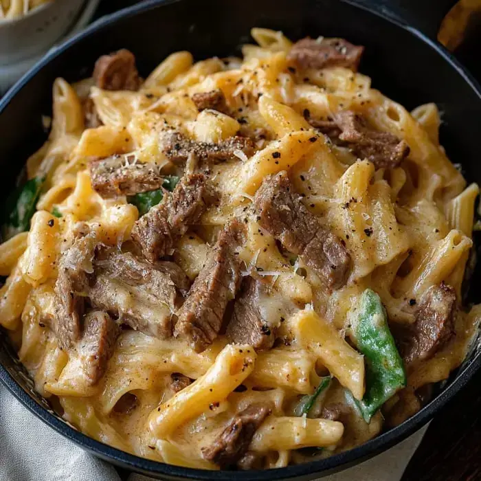 A bowl of creamy pasta with wide noodles, beef chunks, sautéed veggies, black pepper, and melty cheese topping.