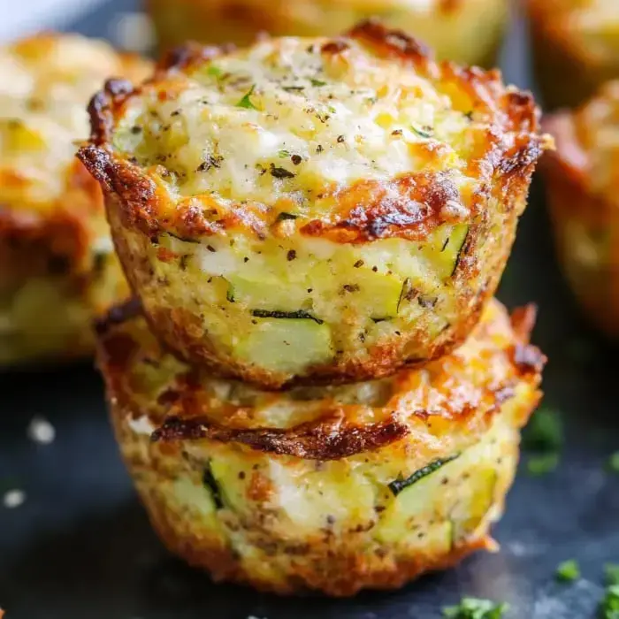 Stacked golden muffins with zucchini and a crispy crust, sprinkled with herbs on a dark surface.