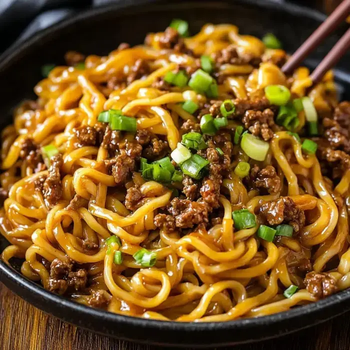 A bowl of noodles with ground beef and chopped green onions on top.