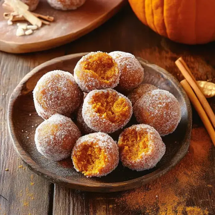 A rustic wooden plate filled with cinnamon-coated pumpkin dough bites, with a few split to display the rich orange center.