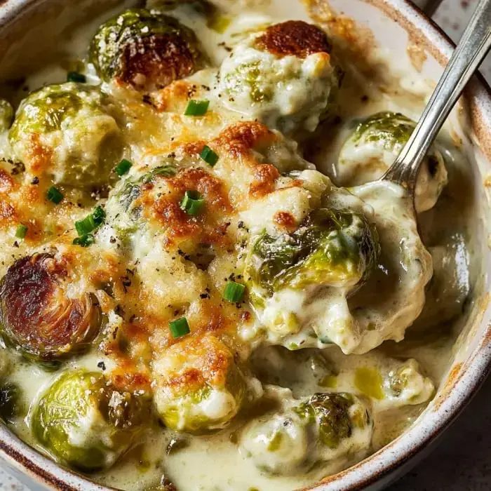 Golden baked Brussels sprouts swimming in cheese, topped with green onions.