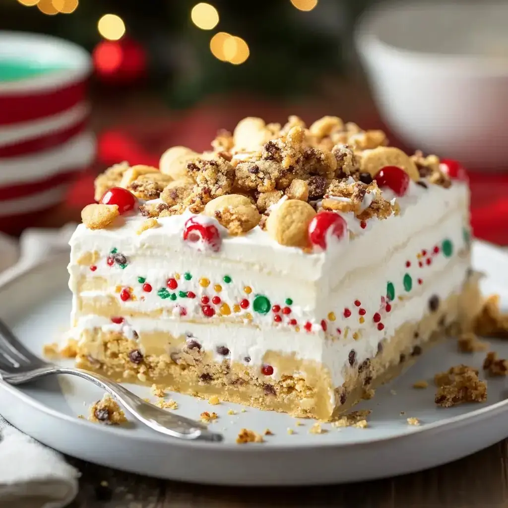 A holiday dessert slice with cookies, cherries, and bright sprinkles, served with a fork on a plate.