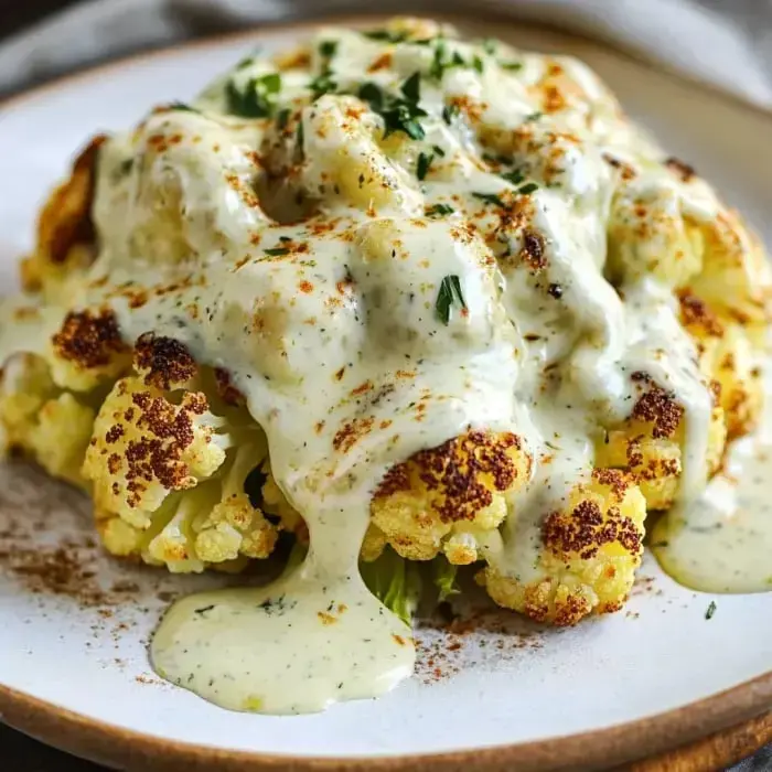 Golden roasted cauliflower topped with creamy zucchini cheese and herbs on a white plate.