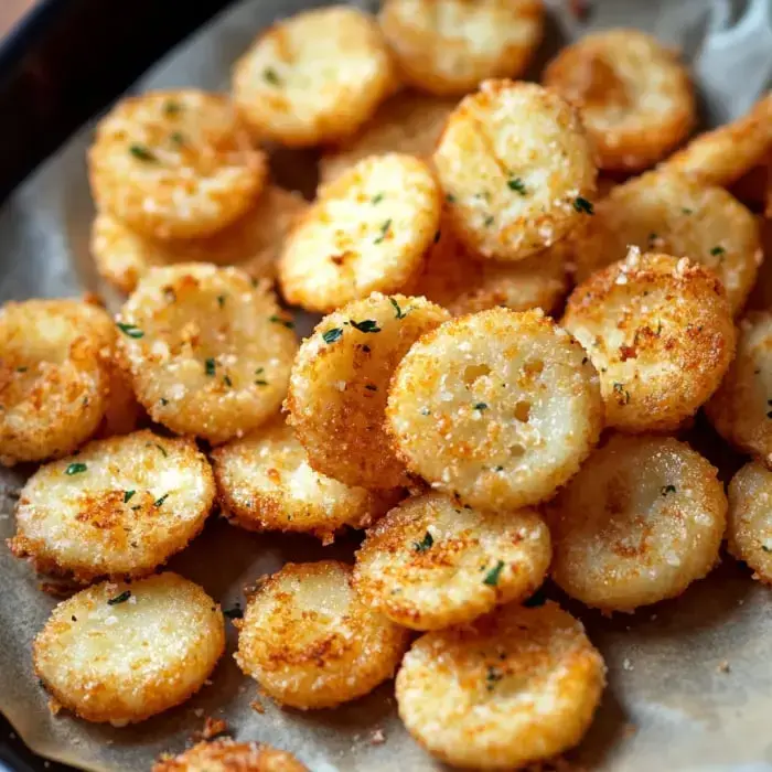 Golden brown Ritz crackers covered in garlic and cheese on a serving plate.