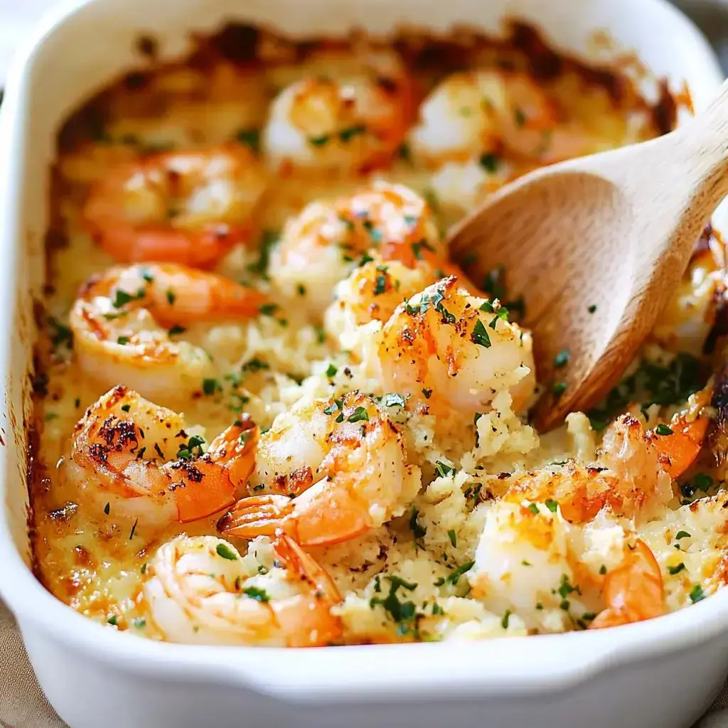 Golden-baked shrimp with herb-crowned breadcrumbs served from a white dish.