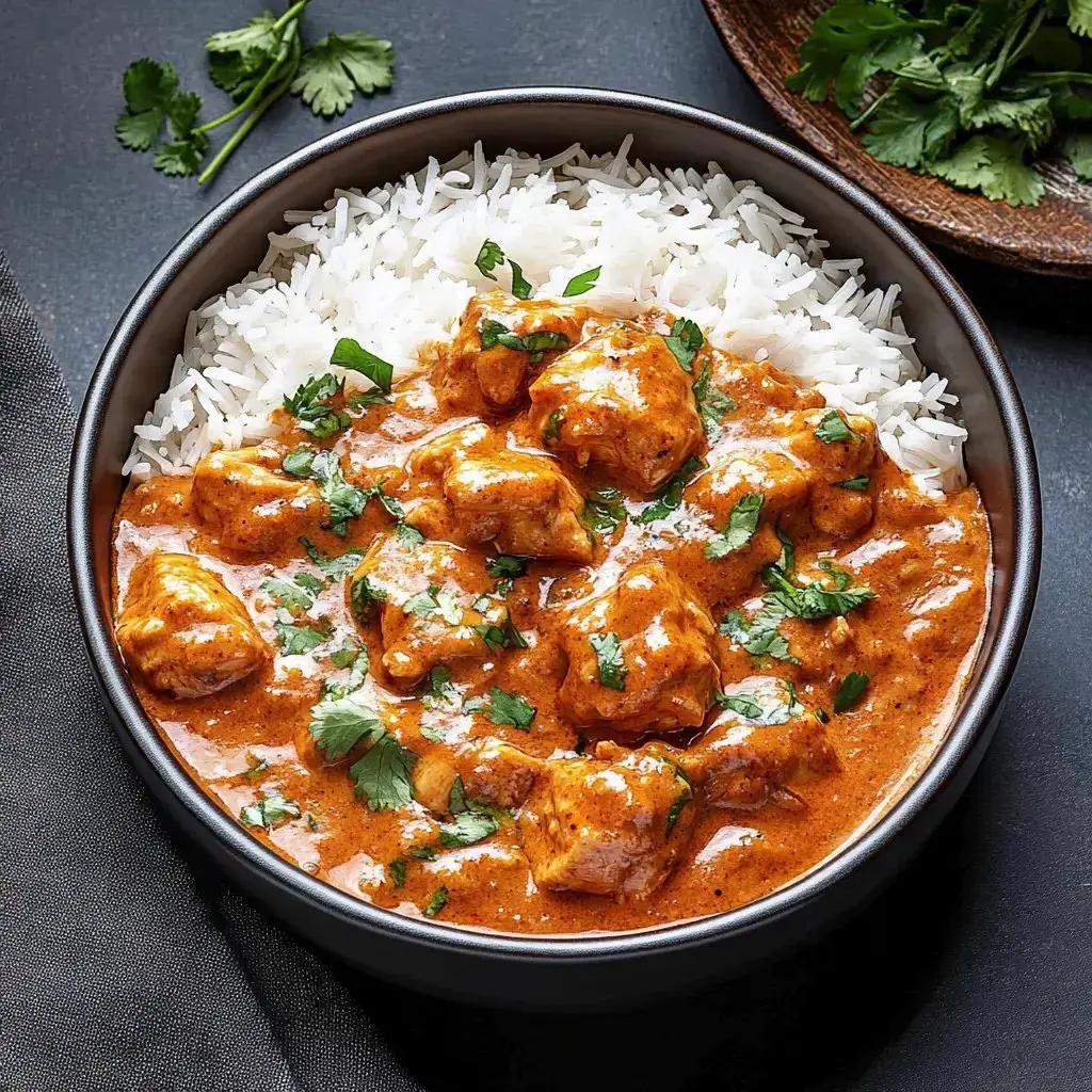 A bowl of spiced chicken curry served over soft rice and topped with fresh herbs.
