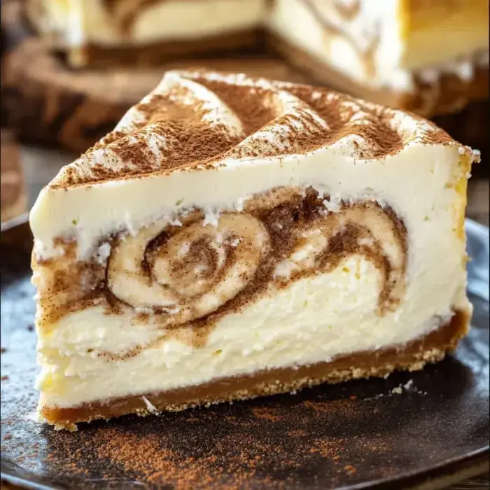 A slice of rich cheesecake with cinnamon swirls and smooth cream cheese frosting on a dark plate.