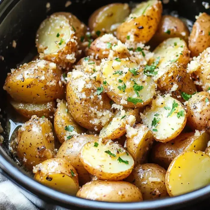 Close-up of halved baby potatoes topped with butter, herbs, and breadcrumbs in a dark bowl.