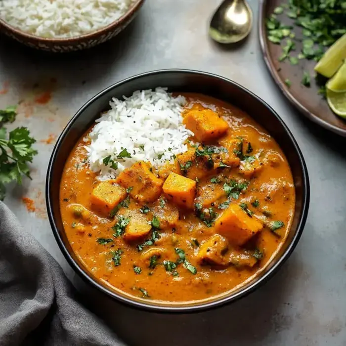 A steamy bowl of veggie curry with pumpkin, served with rice and garnished with cilantro.