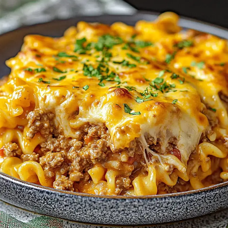 A cheesy baked pasta dish topped with fresh parsley, up close.