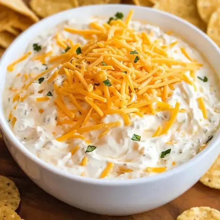A bowl of creamy dip topped with shredded cheddar and herbs, surrounded by chips.