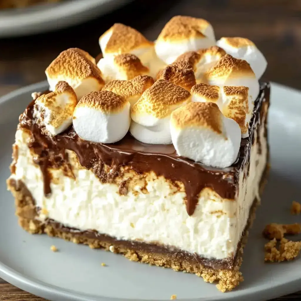 A creamy cheesecake slice with toasted marshmallow topping and a crumbly graham crust, served on a grey plate.