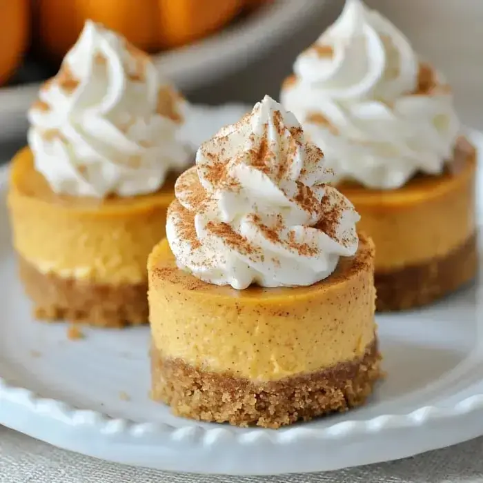 Three bite-sized pumpkin desserts topped with whipped cream and cinnamon, served on a white plate.