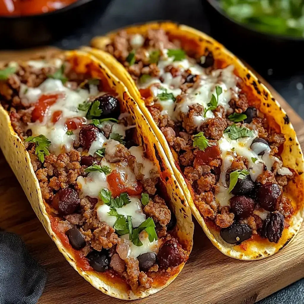 Two stuffed tacos bursting with seasoned meat, black beans, melty cheese, and bright green cilantro, presented on a rustic wooden serving board.