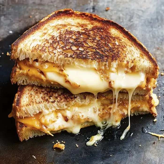 A grilled cheese sandwich cut in half showing stretchy melted cheese between two golden-brown toasted bread slices.