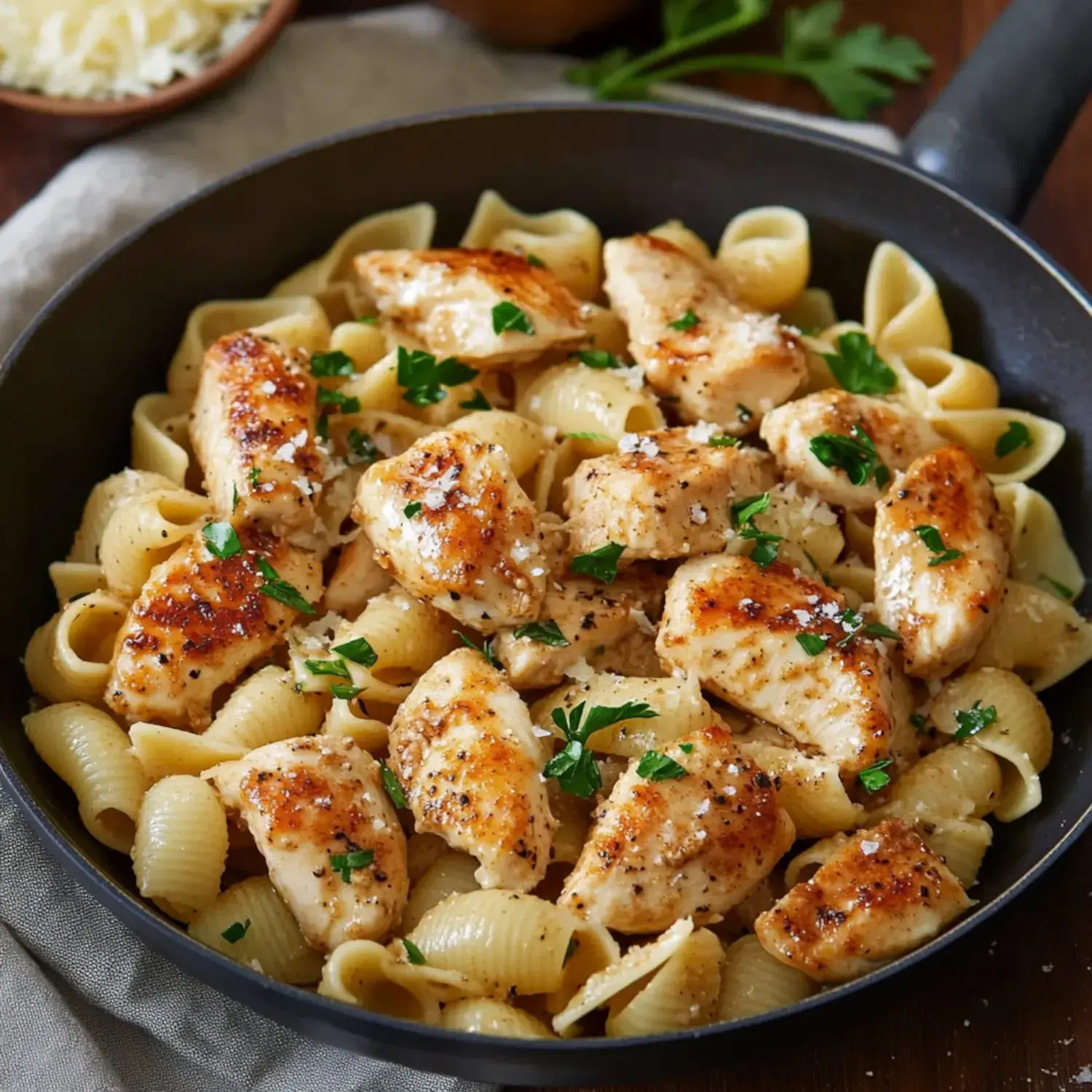 A pan filled with creamy shell pasta topped with grilled seasoned chicken and fresh parsley garnish.