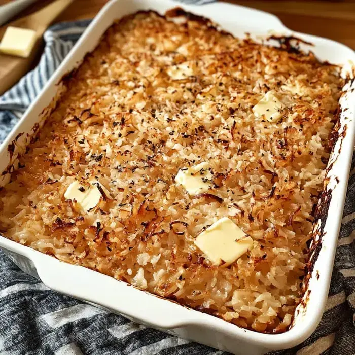 A crispy-topped baked dish with butter pats scattered across, sitting in a white casserole pan on a striped kitchen towel.