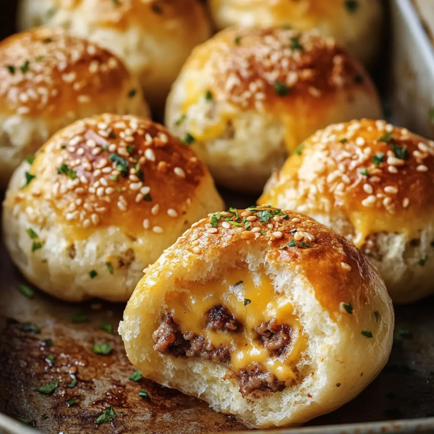 A plate of golden-baked meat and cheese-filled buns with one split open showing melty filling inside.