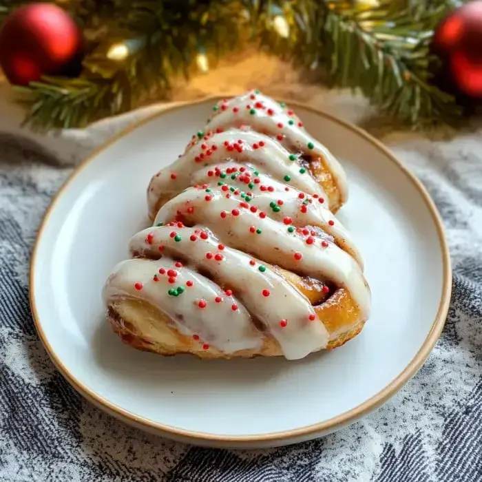 A holiday-themed cinnamon roll formed like a Christmas tree with white frosting and bright sprinkles rests on a plate surrounded by festive decorations.