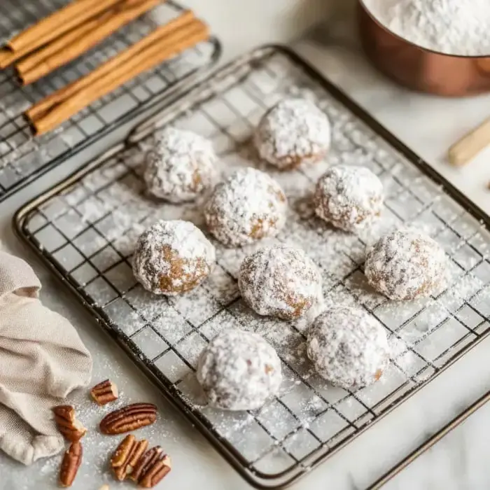 Several sugar-dusted cookies rest on a wire cooling rack with cinnamon sticks and pecan pieces scattered nearby.