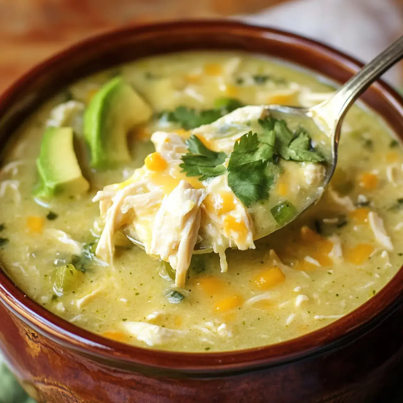 A spoon lifts creamy chicken soup with cilantro and avocado slices from a steaming bowl.