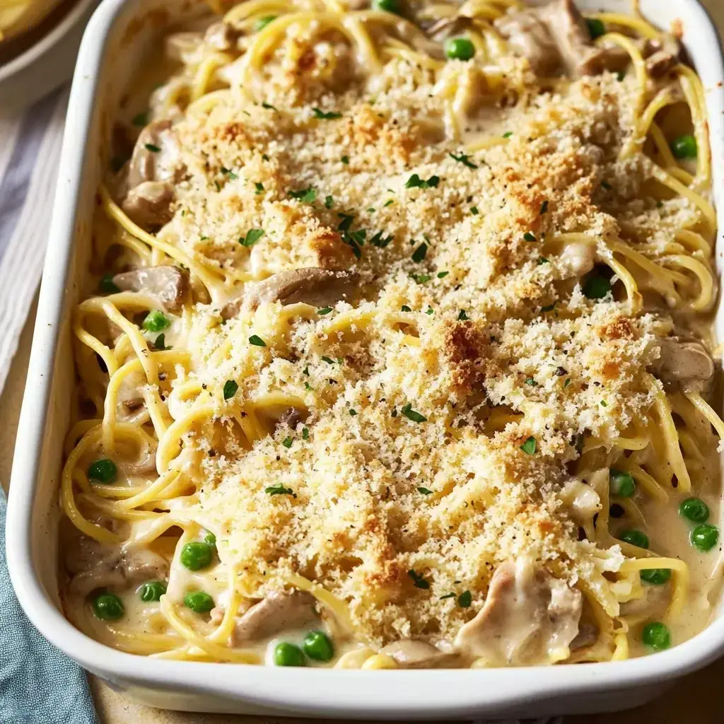 Creamy pasta covered in golden crumbs with a sprinkle of peas on top.